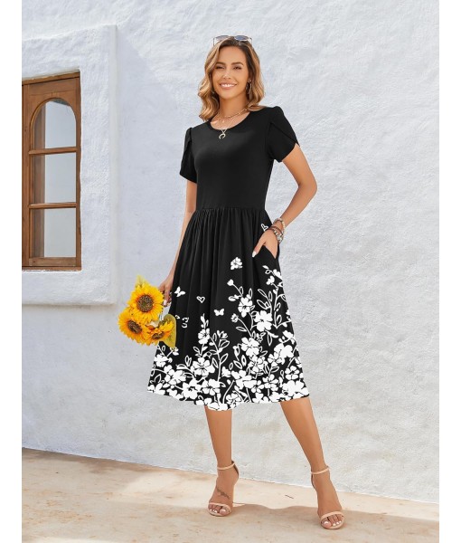 Zeagoo Women Summer Short Sleeve Midi Dress with Pockets Casual Aline Flowy Tshirt Dress Floral Vocation Beach Sundress