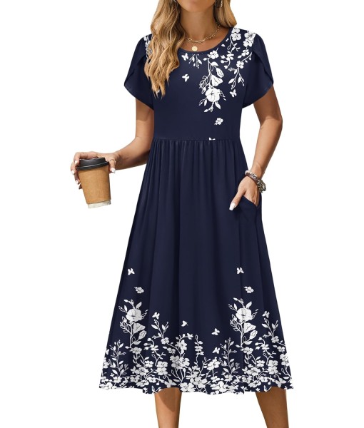 Zeagoo Women Summer Short Sleeve Midi Dress with Pockets Casual Aline Flowy Tshirt Dress Floral Vocation Beach Sundress