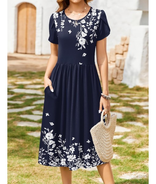 Zeagoo Women Summer Short Sleeve Midi Dress with Pockets Casual Aline Flowy Tshirt Dress Floral Vocation Beach Sundress