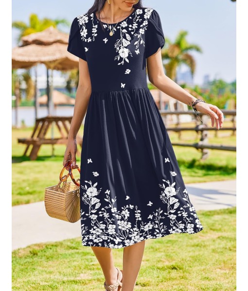 Zeagoo Women Summer Short Sleeve Midi Dress with Pockets Casual Aline Flowy Tshirt Dress Floral Vocation Beach Sundress