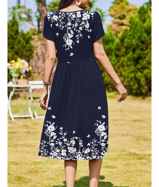 Zeagoo Women Summer Short Sleeve Midi Dress with Pockets Casual Aline Flowy Tshirt Dress Floral Vocation Beach Sundress