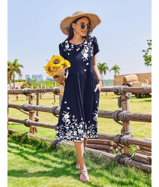 Zeagoo Women Summer Short Sleeve Midi Dress with Pockets Casual Aline Flowy Tshirt Dress Floral Vocation Beach Sundress