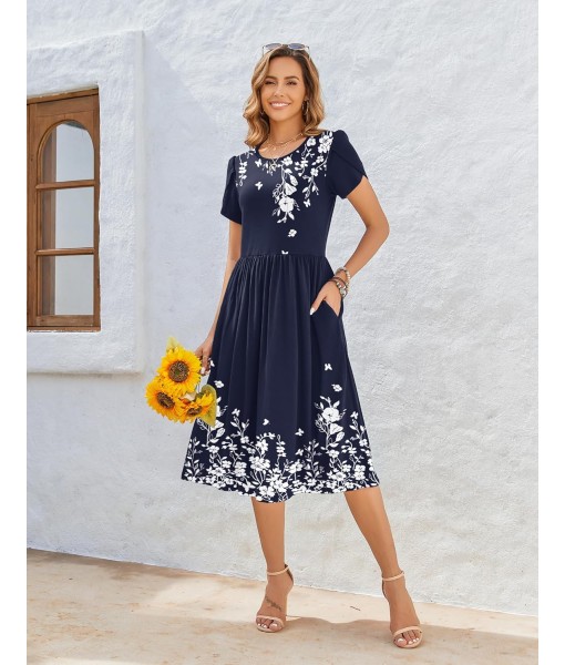 Zeagoo Women Summer Short Sleeve Midi Dress with Pockets Casual Aline Flowy Tshirt Dress Floral Vocation Beach Sundress
