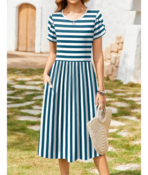 Zeagoo Women Summer Short Sleeve Midi Dress with Pockets Casual Aline Flowy Tshirt Dress Floral Vocation Beach Sundress