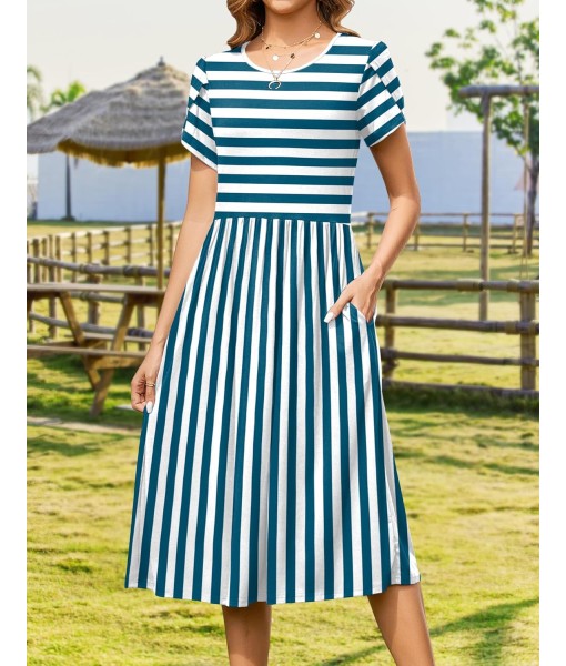Zeagoo Women Summer Short Sleeve Midi Dress with Pockets Casual Aline Flowy Tshirt Dress Floral Vocation Beach Sundress