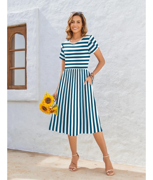Zeagoo Women Summer Short Sleeve Midi Dress with Pockets Casual Aline Flowy Tshirt Dress Floral Vocation Beach Sundress