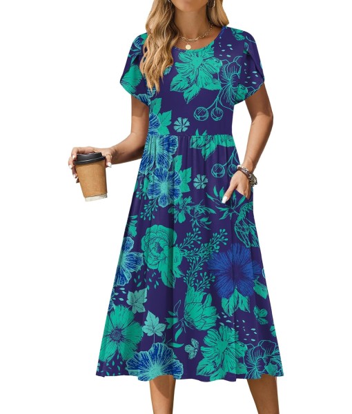Zeagoo Women Summer Short Sleeve Midi Dress with Pockets Casual Aline Flowy Tshirt Dress Floral Vocation Beach Sundress