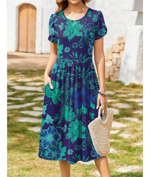 Zeagoo Women Summer Short Sleeve Midi Dress with Pockets Casual Aline Flowy Tshirt Dress Floral Vocation Beach Sundress