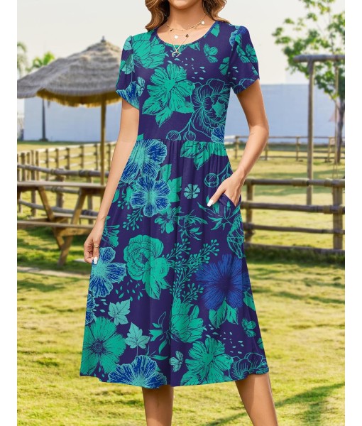 Zeagoo Women Summer Short Sleeve Midi Dress with Pockets Casual Aline Flowy Tshirt Dress Floral Vocation Beach Sundress