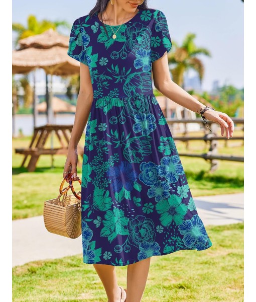 Zeagoo Women Summer Short Sleeve Midi Dress with Pockets Casual Aline Flowy Tshirt Dress Floral Vocation Beach Sundress