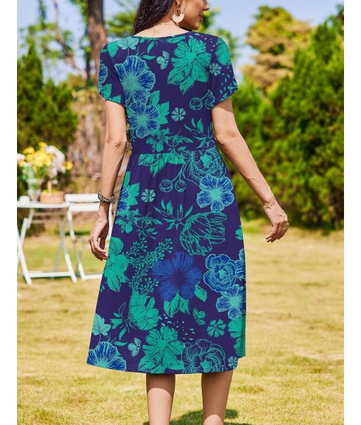 Zeagoo Women Summer Short Sleeve Midi Dress with Pockets Casual Aline Flowy Tshirt Dress Floral Vocation Beach Sundress