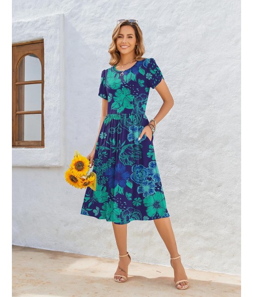 Zeagoo Women Summer Short Sleeve Midi Dress with Pockets Casual Aline Flowy Tshirt Dress Floral Vocation Beach Sundress
