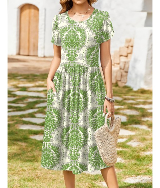 Zeagoo Women Summer Short Sleeve Midi Dress with Pockets Casual Aline Flowy Tshirt Dress Floral Vocation Beach Sundress