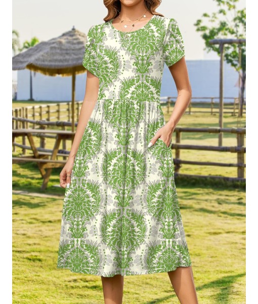 Zeagoo Women Summer Short Sleeve Midi Dress with Pockets Casual Aline Flowy Tshirt Dress Floral Vocation Beach Sundress