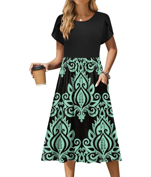 Zeagoo Women Summer Short Sleeve Midi Dress with Pockets Casual Aline Flowy Tshirt Dress Floral Vocation Beach Sundress