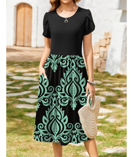 Zeagoo Women Summer Short Sleeve Midi Dress with Pockets Casual Aline Flowy Tshirt Dress Floral Vocation Beach Sundress
