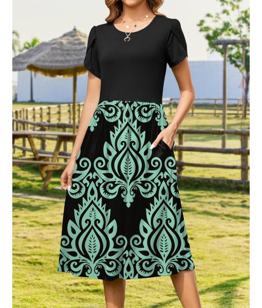 Zeagoo Women Summer Short Sleeve Midi Dress with Pockets Casual Aline Flowy Tshirt Dress Floral Vocation Beach Sundress