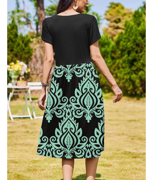 Zeagoo Women Summer Short Sleeve Midi Dress with Pockets Casual Aline Flowy Tshirt Dress Floral Vocation Beach Sundress