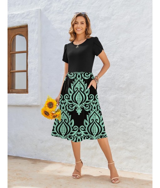 Zeagoo Women Summer Short Sleeve Midi Dress with Pockets Casual Aline Flowy Tshirt Dress Floral Vocation Beach Sundress