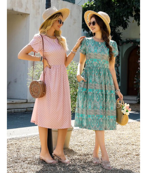Zeagoo Women Summer Short Sleeve Midi Dress with Pockets Casual Aline Flowy Tshirt Dress Floral Vocation Beach Sundress
