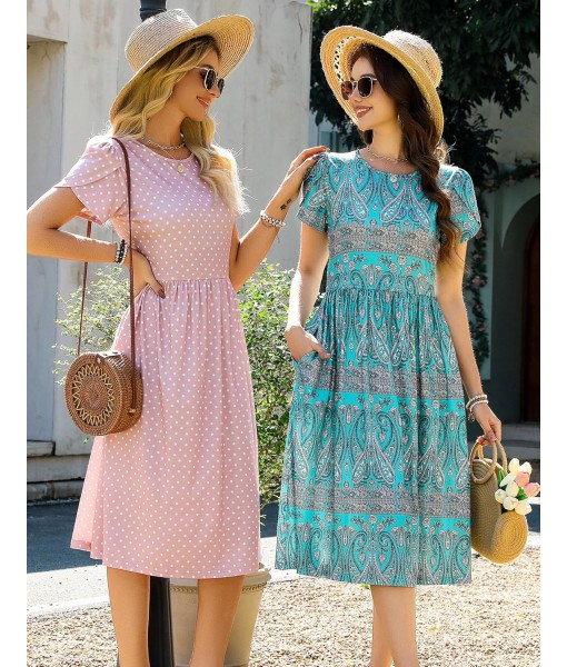 Zeagoo Women Summer Short Sleeve Midi Dress with Pockets Casual Aline Flowy Tshirt Dress Floral Vocation Beach Sundress
