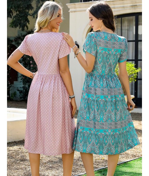 Zeagoo Women Summer Short Sleeve Midi Dress with Pockets Casual Aline Flowy Tshirt Dress Floral Vocation Beach Sundress
