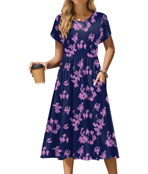 Zeagoo Women Summer Short Sleeve Midi Dress with Pockets Casual Aline Flowy Tshirt Dress Floral Vocation Beach Sundress
