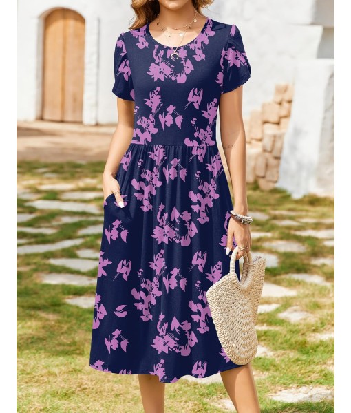 Zeagoo Women Summer Short Sleeve Midi Dress with Pockets Casual Aline Flowy Tshirt Dress Floral Vocation Beach Sundress