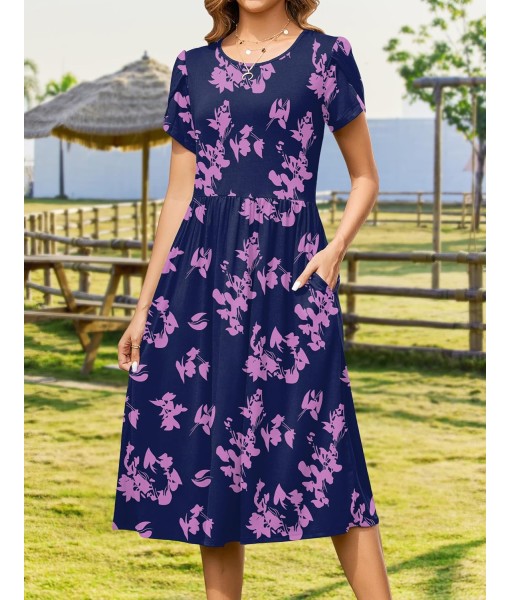 Zeagoo Women Summer Short Sleeve Midi Dress with Pockets Casual Aline Flowy Tshirt Dress Floral Vocation Beach Sundress