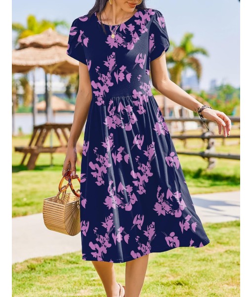Zeagoo Women Summer Short Sleeve Midi Dress with Pockets Casual Aline Flowy Tshirt Dress Floral Vocation Beach Sundress