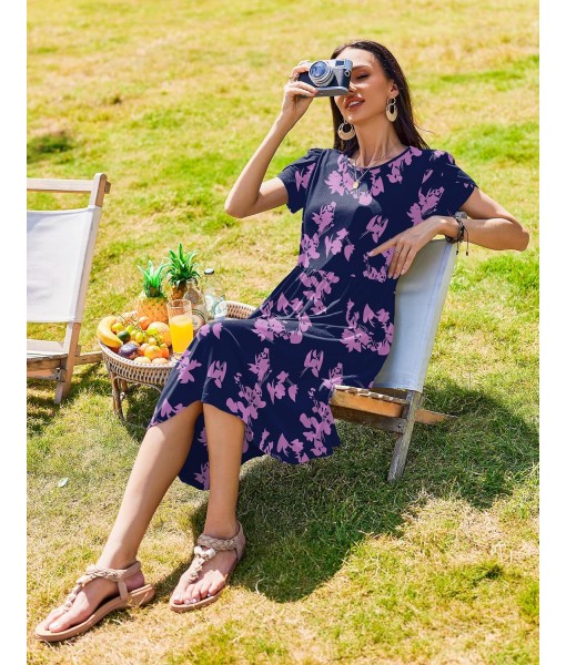 Zeagoo Women Summer Short Sleeve Midi Dress with Pockets Casual Aline Flowy Tshirt Dress Floral Vocation Beach Sundress