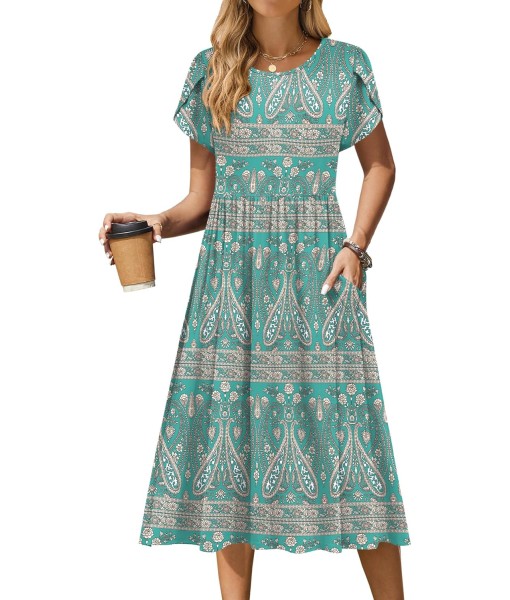 Zeagoo Women Summer Short Sleeve Midi Dress with Pockets Casual Aline Flowy Tshirt Dress Floral Vocation Beach Sundress