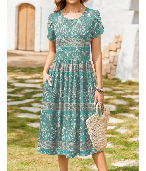 Zeagoo Women Summer Short Sleeve Midi Dress with Pockets Casual Aline Flowy Tshirt Dress Floral Vocation Beach Sundress