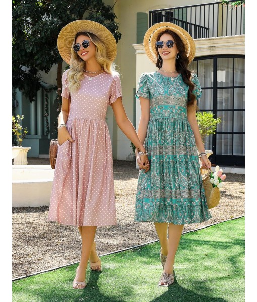 Zeagoo Women Summer Short Sleeve Midi Dress with Pockets Casual Aline Flowy Tshirt Dress Floral Vocation Beach Sundress