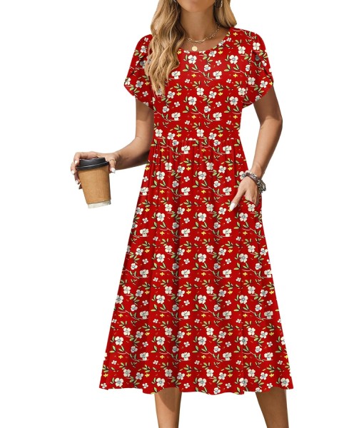 Zeagoo Women Summer Short Sleeve Midi Dress with Pockets Casual Aline Flowy Tshirt Dress Floral Vocation Beach Sundress