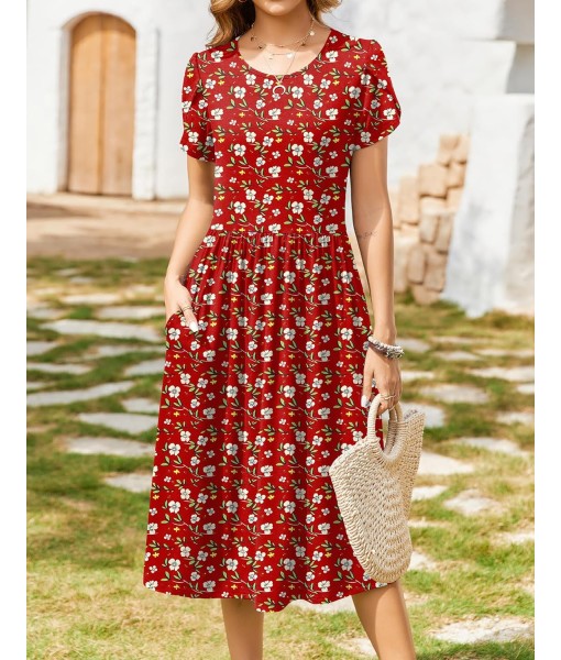 Zeagoo Women Summer Short Sleeve Midi Dress with Pockets Casual Aline Flowy Tshirt Dress Floral Vocation Beach Sundress
