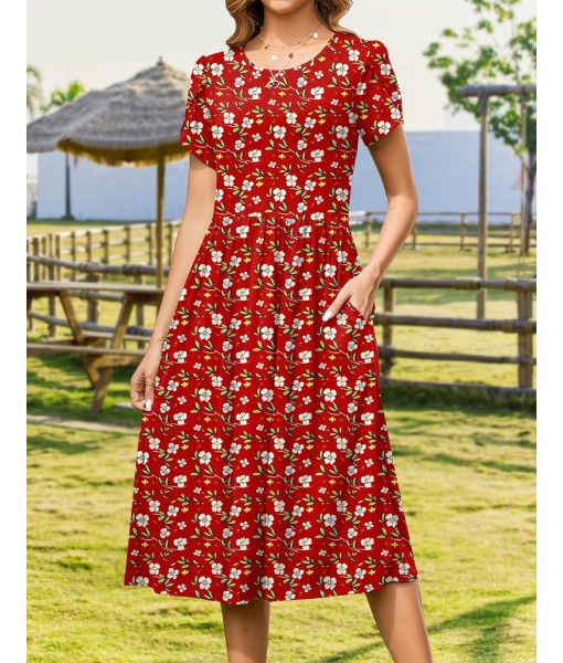 Zeagoo Women Summer Short Sleeve Midi Dress with Pockets Casual Aline Flowy Tshirt Dress Floral Vocation Beach Sundress