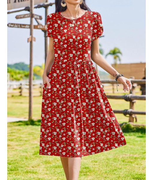Zeagoo Women Summer Short Sleeve Midi Dress with Pockets Casual Aline Flowy Tshirt Dress Floral Vocation Beach Sundress