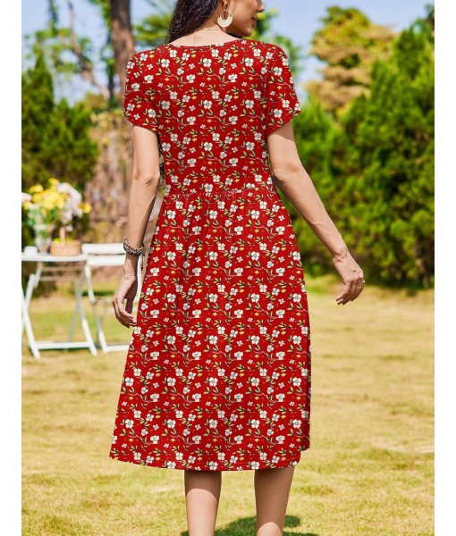 Zeagoo Women Summer Short Sleeve Midi Dress with Pockets Casual Aline Flowy Tshirt Dress Floral Vocation Beach Sundress