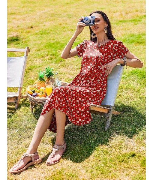 Zeagoo Women Summer Short Sleeve Midi Dress with Pockets Casual Aline Flowy Tshirt Dress Floral Vocation Beach Sundress