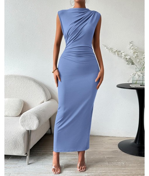 BTFBM Women's Ruched Bodycon Dress Summer Casual Sleeveless Back Slit Elegant Club Evening Party Cocktail Maxi Dresses