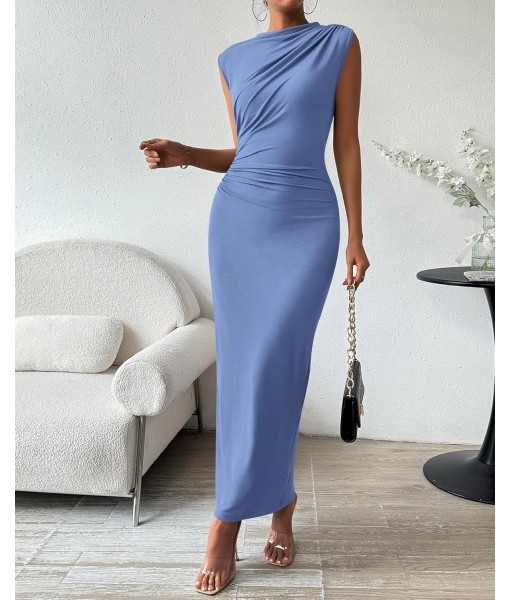 BTFBM Women's Ruched Bodycon Dress Summer Casual Sleeveless Back Slit Elegant Club Evening Party Cocktail Maxi Dresses