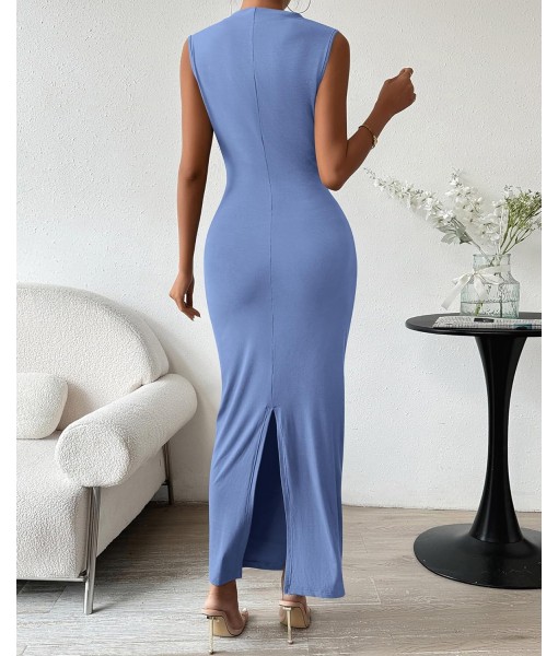 BTFBM Women's Ruched Bodycon Dress Summer Casual Sleeveless Back Slit Elegant Club Evening Party Cocktail Maxi Dresses