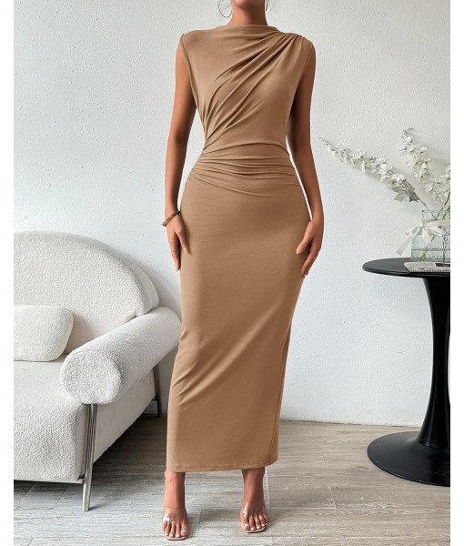 BTFBM Women's Ruched Bodycon Dress Summer Casual Sleeveless Back Slit Elegant Club Evening Party Cocktail Maxi Dresses