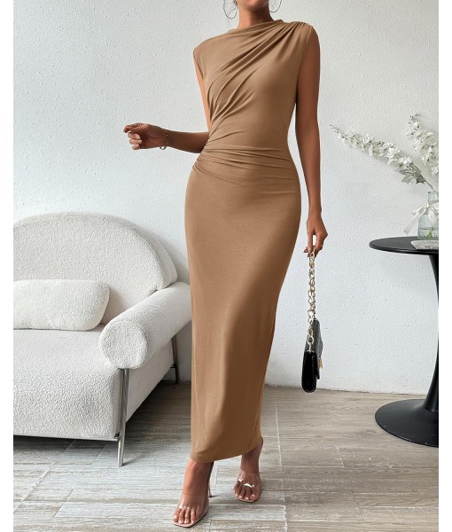 BTFBM Women's Ruched Bodycon Dress Summer Casual Sleeveless Back Slit Elegant Club Evening Party Cocktail Maxi Dresses