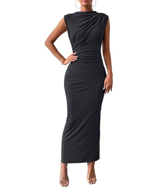 BTFBM Women's Ruched Bodycon Dress Summer Casual Sleeveless Back Slit Elegant Club Evening Party Cocktail Maxi Dresses