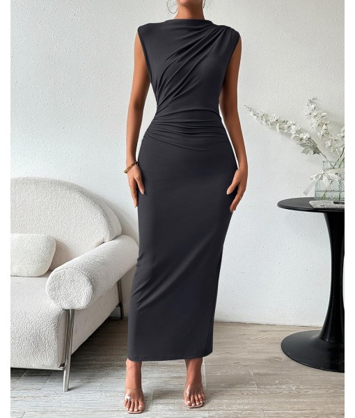 BTFBM Women's Ruched Bodycon Dress Summer Casual Sleeveless Back Slit Elegant Club Evening Party Cocktail Maxi Dresses