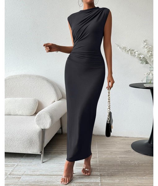 BTFBM Women's Ruched Bodycon Dress Summer Casual Sleeveless Back Slit Elegant Club Evening Party Cocktail Maxi Dresses