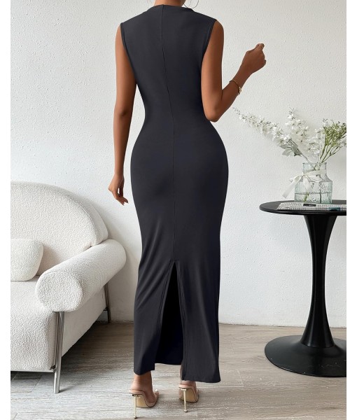 BTFBM Women's Ruched Bodycon Dress Summer Casual Sleeveless Back Slit Elegant Club Evening Party Cocktail Maxi Dresses
