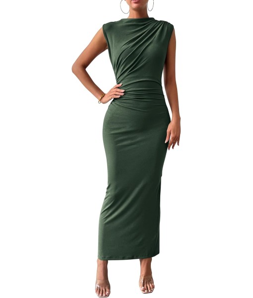 BTFBM Women's Ruched Bodycon Dress Summer Casual Sleeveless Back Slit Elegant Club Evening Party Cocktail Maxi Dresses
